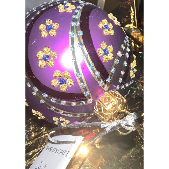 Purple & Gold Floral Glass Ornament Decorated Swarovski Crystals Handmade By Edw - Picture 3 of 5